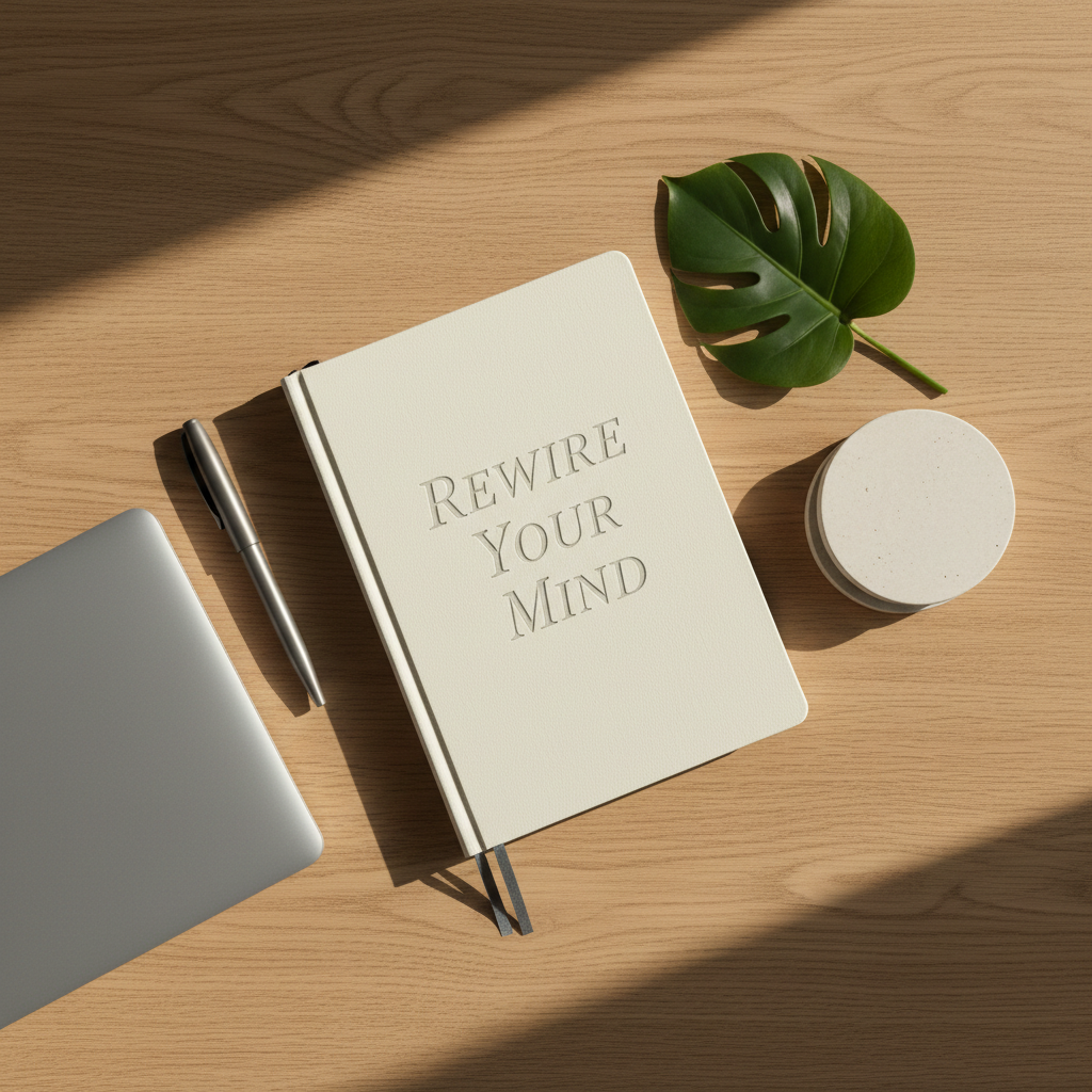 An overhead, photographic view of a meticulously arranged desk workspace featuring a large, open, cream-colored notebook titled “Rewire Your Mind” in elegant serif lettering. Around it lie a graphite-gray fountain pen, a slim silver laptop, a neatly stacked set of pale stone coasters, and a single dark green leaf on a smooth oak desktop. Soft, indirect afternoon light from the right creates refined shadows along the notebook’s embossing and a subtle sheen on the laptop’s metal finish. The composition follows the rule of thirds, with clean negative space around the notebook, conveying clarity, intention, and a sophisticated, modern approach to mindset tools and daily reflection.