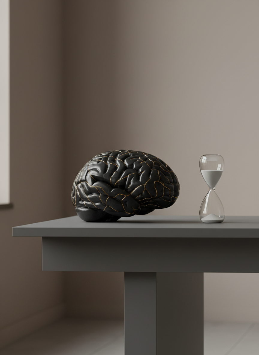 A close-up, photographic image of a sleek, matte-black brain sculpture made of smooth stone, with delicate gold filament lines weaving across its surface like illuminated neural pathways. The brain rests on a low, charcoal-gray pedestal desk, beside a minimalist glass hourglass filled with fine white sand, in a modern studio with soft taupe walls. Cool, diffused morning light enters from an unseen window to the left, creating gentle highlights on the gold lines and subtle shadows beneath the pedestal. Shot at eye level with a shallow depth of field, the background falls into a soft blur, evoking a sophisticated, calm atmosphere that suggests focused mindset transformation and quiet introspection.