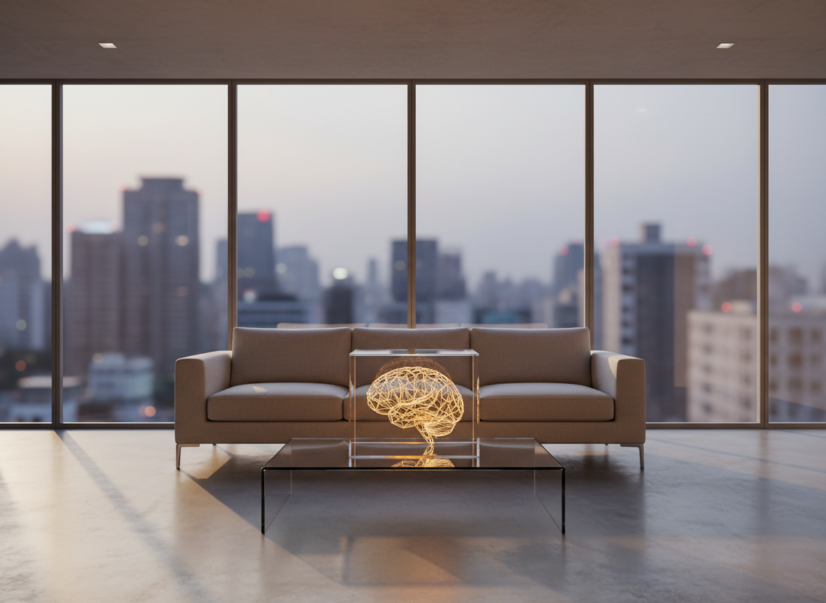 A high-end, photographic scene of a calm, minimalist living space featuring a low, light-beige sofa with crisp lines, facing a sleek glass coffee table. On the table, a sculptural, semi-transparent acrylic cube encloses a small, glowing, geometric brain made of thin, golden wire. Behind, a floor-to-ceiling window reveals a softly blurred city skyline at dusk. The room is bathed in warm, golden-hour light mixed with subtle cool ambient interior lighting, casting long, elegant shadows and reflections on the polished concrete floor. Shot from a slightly elevated angle with sharp focus throughout, the composition feels balanced and airy, suggesting sophisticated inner transformation within a modern, urban life.