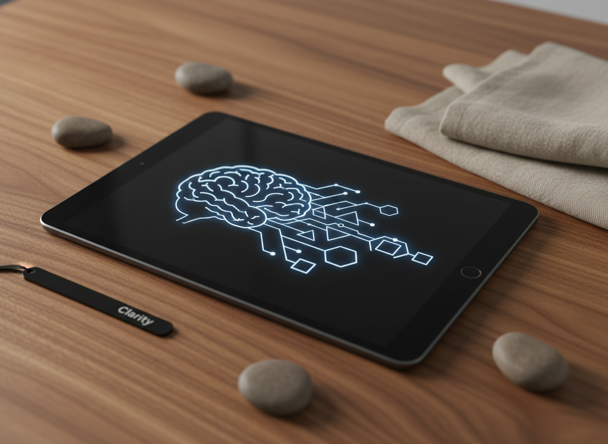 A photographic close-up of a dark slate tablet lying on a walnut wood table, displaying a minimalist, glowing line-art illustration of a brain gradually transforming into a network of interconnected geometric shapes. Around the tablet, there are three small, smooth river stones, a black metal bookmark engraved with the word “Clarity,” and a folded linen cloth in muted sand tones. Soft overhead studio lighting creates gentle, controlled reflections on the tablet screen and rich texture on the linen and wood grain. Captured at a three-quarter angle with a shallow depth of field, the focus rests on the evolving brain graphic, evoking the precision and elegance of structured mindset coaching tools.